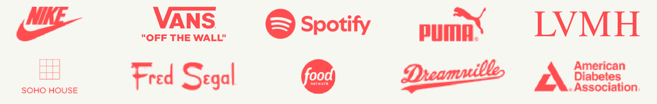 Client and collaboration logos from Jonathon Ferguson's prior work: Nike, Vans, Spotify, Puma, LVMH, Soho House, Fred Segal, Food Network, Dreamville, and the American Diabetes Association
